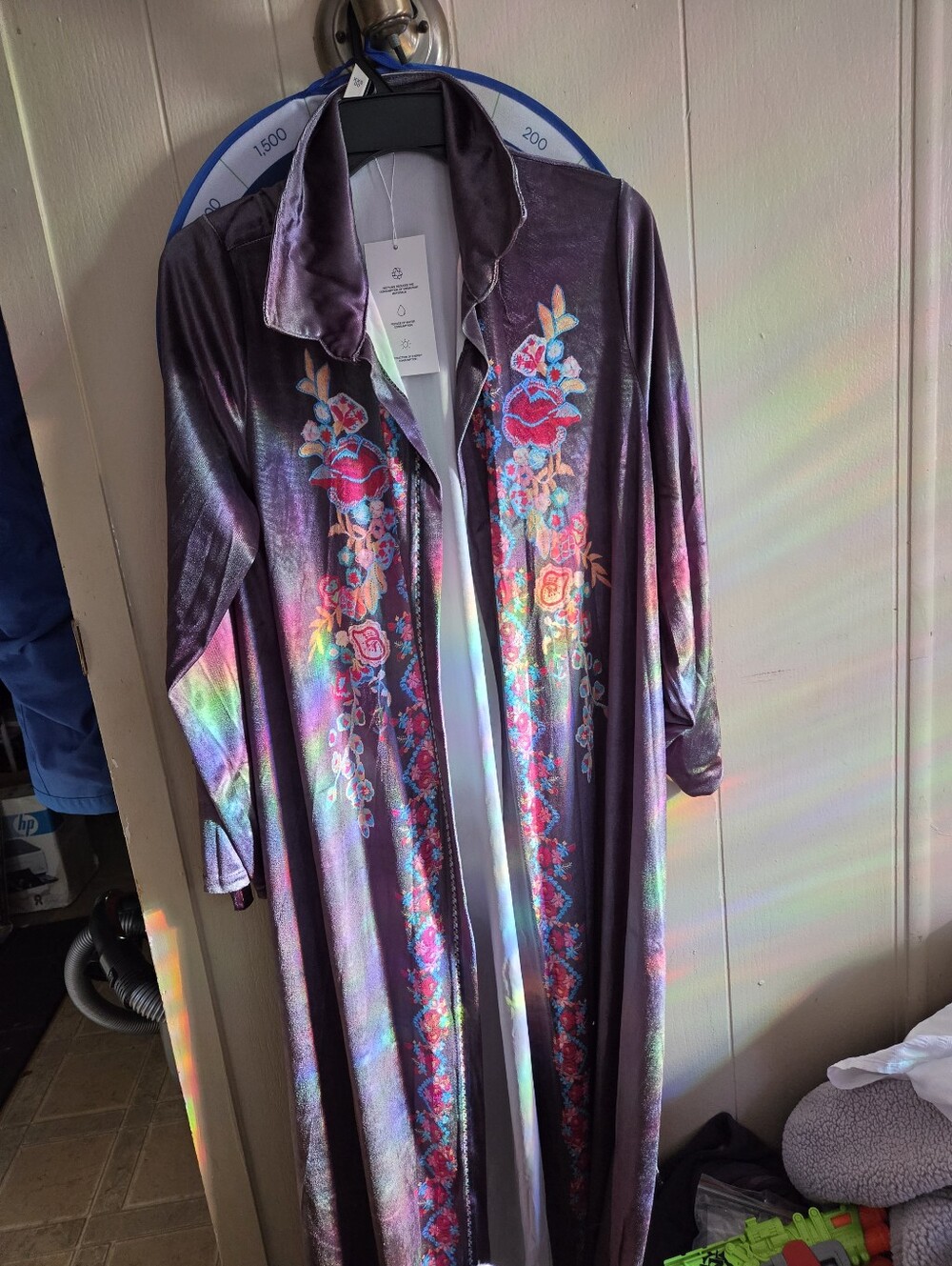 Purple Floral Velvet Long Robe with Embroidered Front